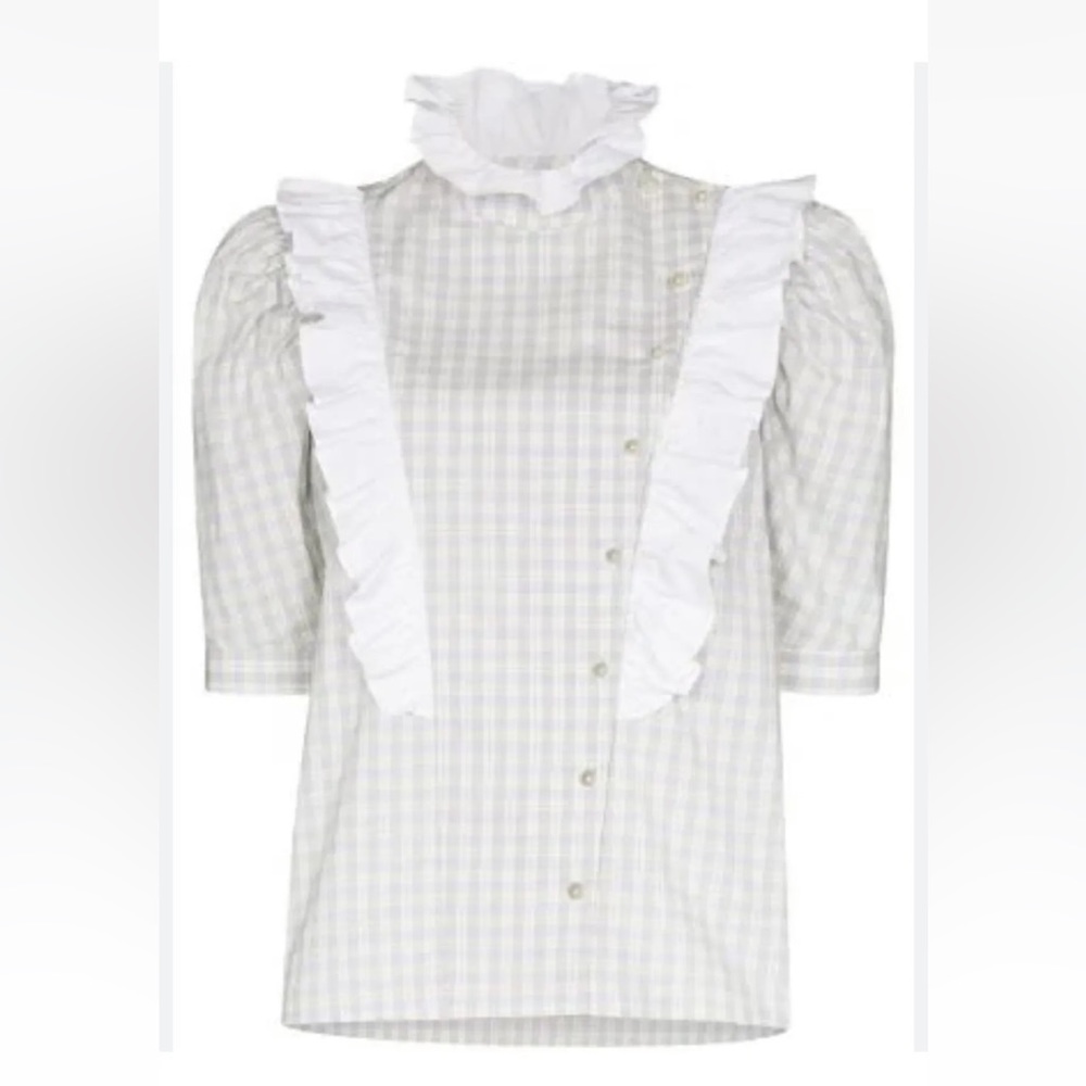 Batsheva Sophie Gingham Plaid Pearl Ruffle Collar Sophie Puff 8 Blouse Top